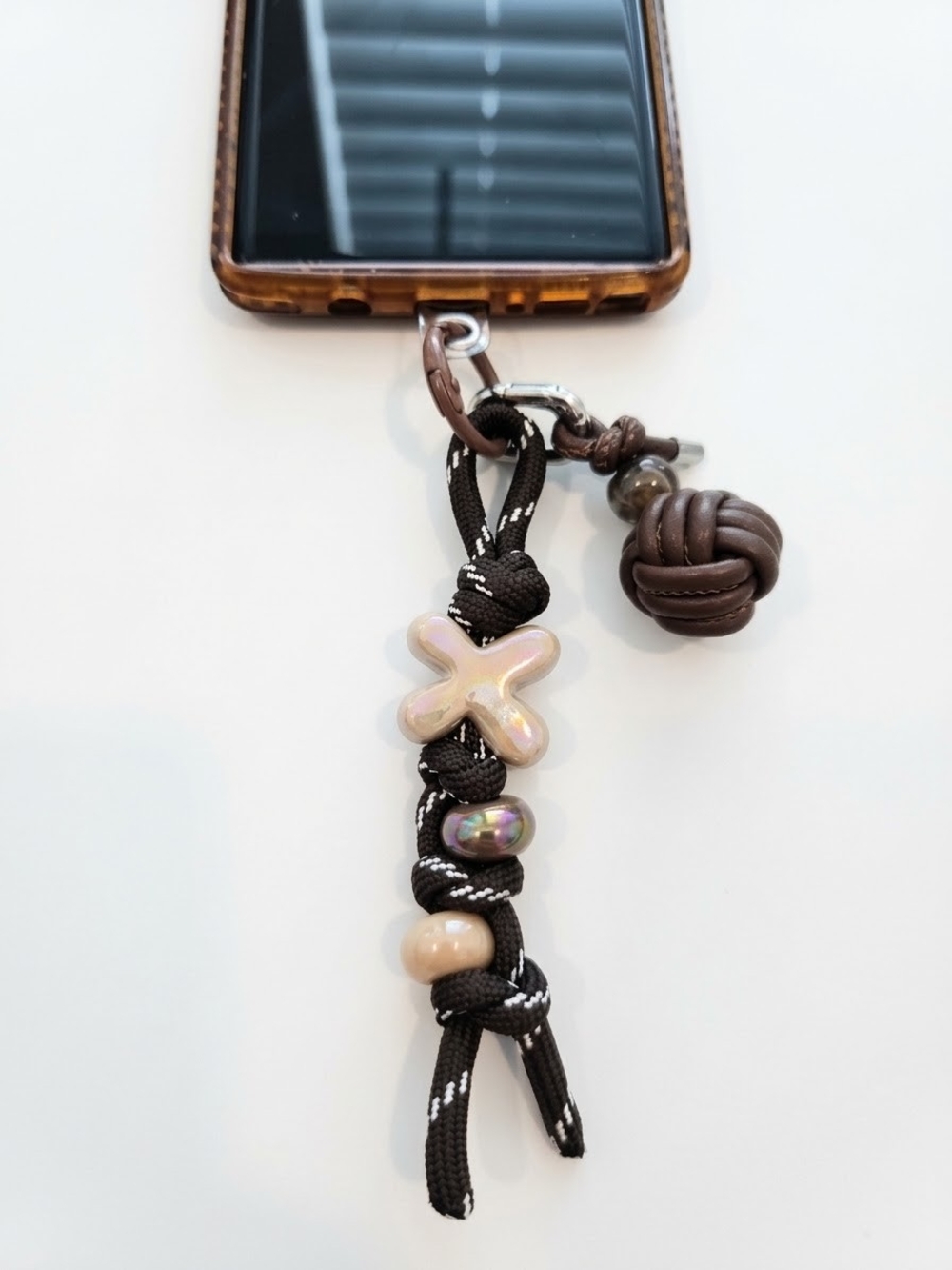 Phone Charm Accessory with Iridescent Beads and Brown Cord